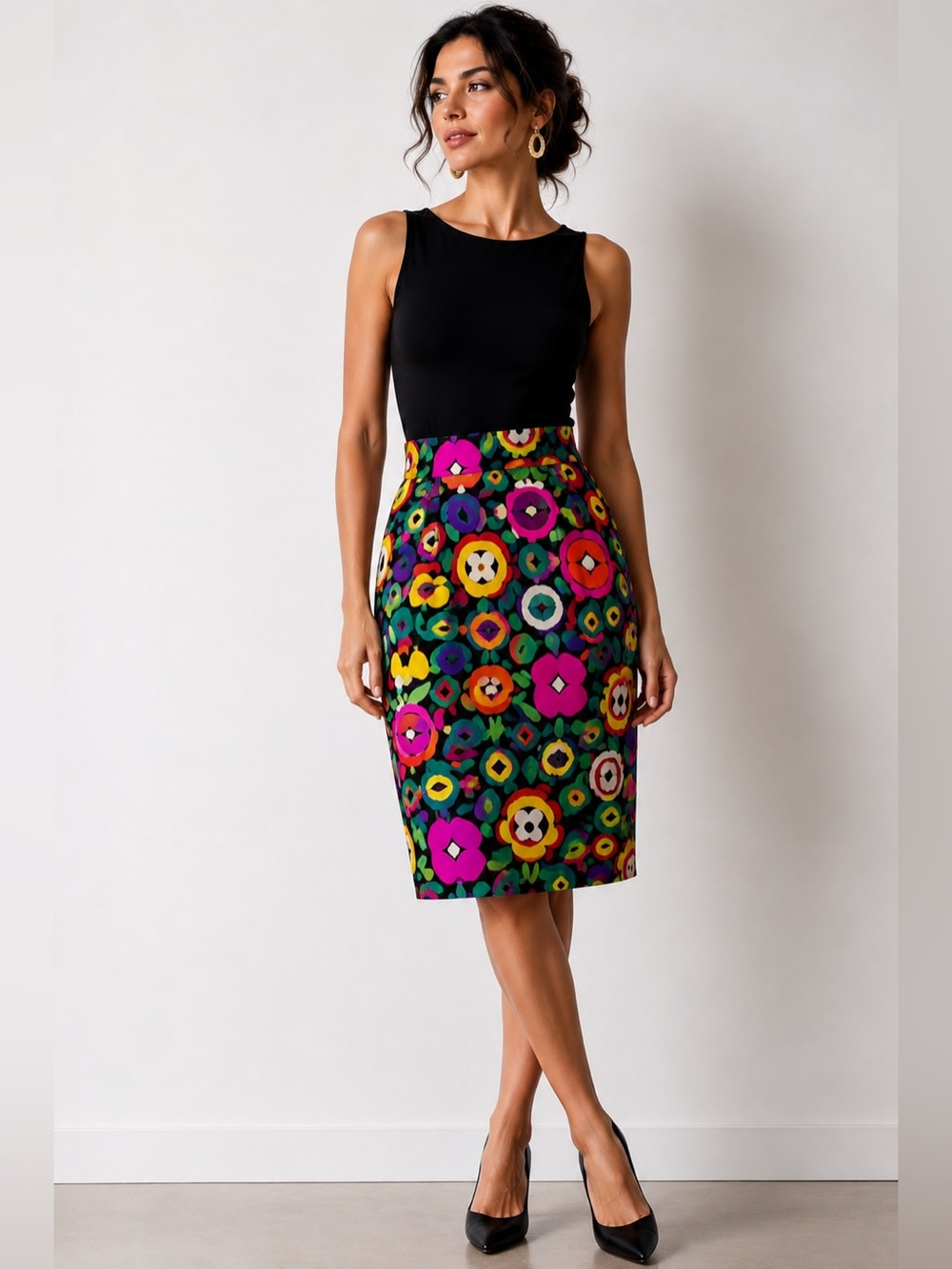 Vintage Genny 100% Silk Floral Abstract Print Pencil Skirt Size 6
